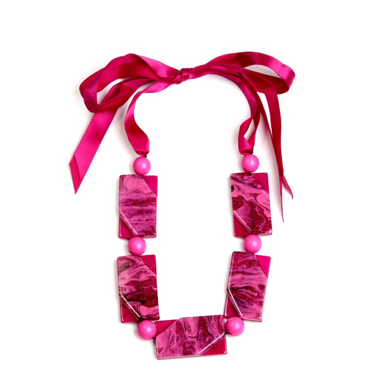 Women's Purple Acrylic Ribbon Short Beads Of Silk Necklace