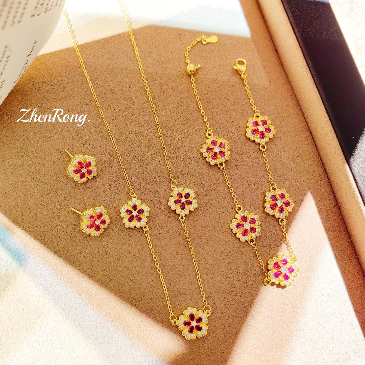 Women's Courtly Blossoms Five Petal Flower Parthenocissus Grass Chinese Red Peony Rings