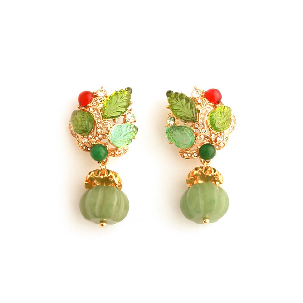 Real Gold Gaanized Enamel Diamond Retro Earrings