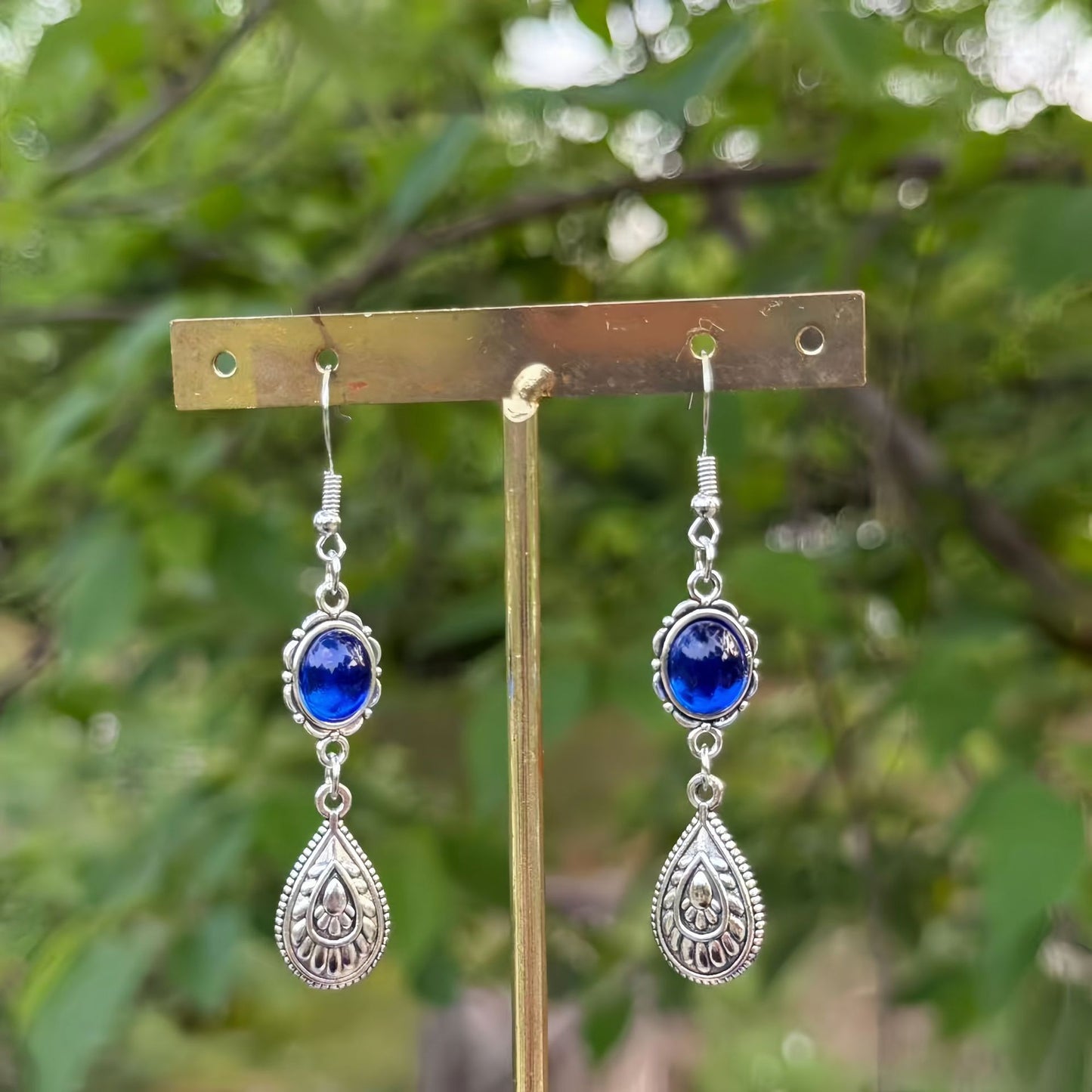 Bohemian Retro Sapphire Water Drop Distressed Ethnic Style Earrings