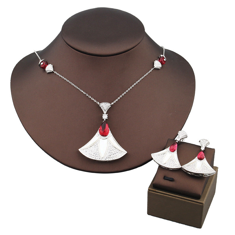 Fan-shaped Skirt Eardrops Lady Temperament Wedding Decoration Gold Female Clavicle Jewelry Set