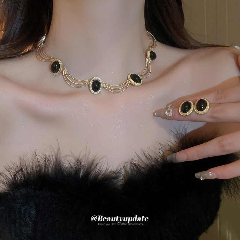 Sier Needle Retro Oval Geometric French Vintage Court Style Jewelry Set
