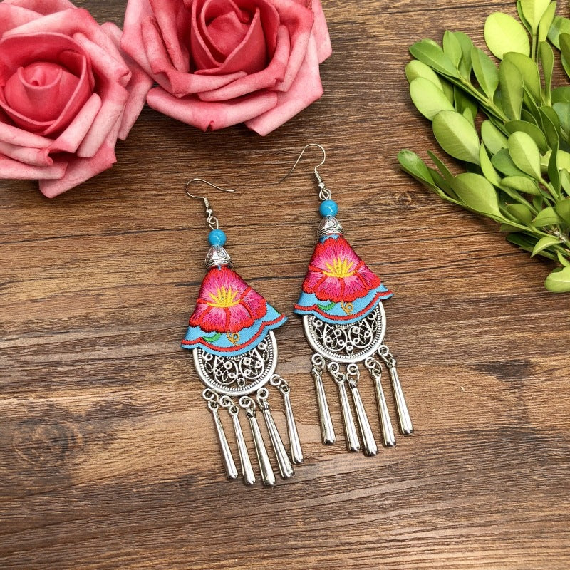 Fabric Yunnan Simple Flower Tassel Female Earrings