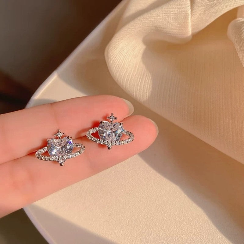 Sier Needle Fashion Universe Star Heart Shape Earrings