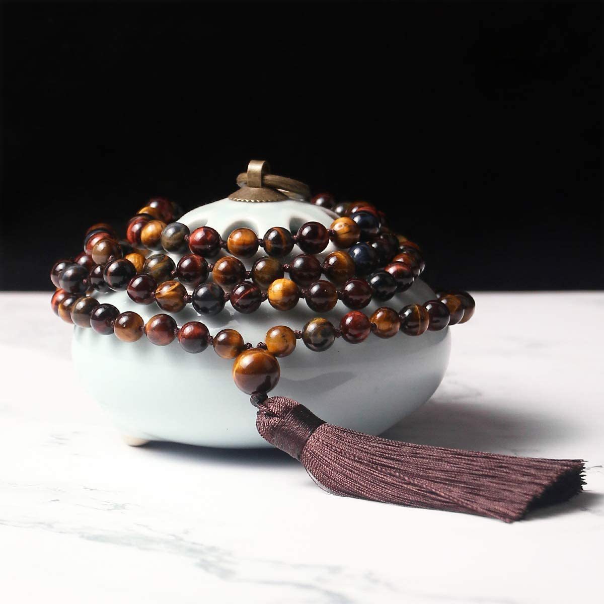 Three-color Tiger Eye Knotted Tassel Obsidian Green Jasper Blue San Necklace