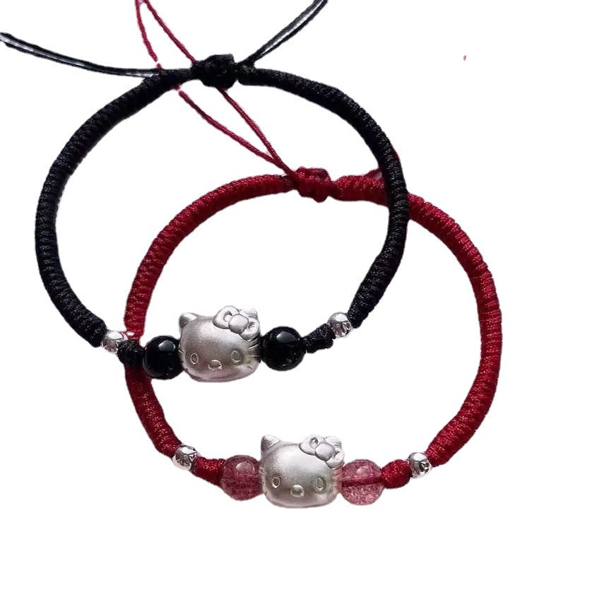 Hello Kitty Obsidian Strawberry Couple Woven Hand Bracelet