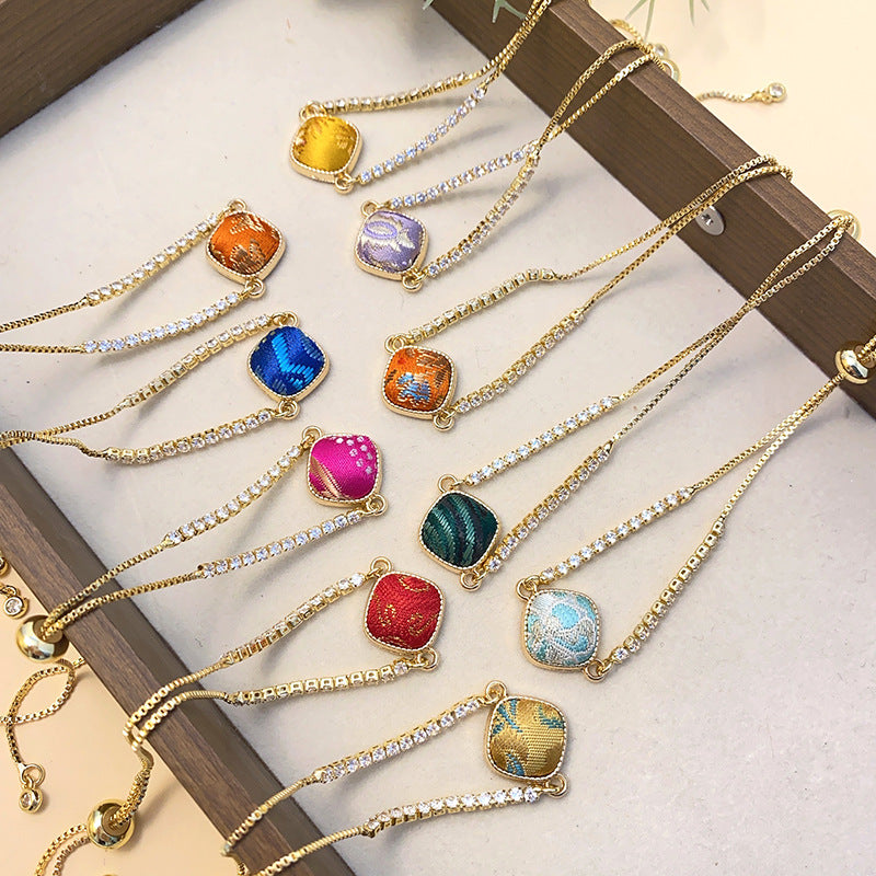 Brocade Geometric Square Chinese Rhinestone Pull Adjustable National Bracelets