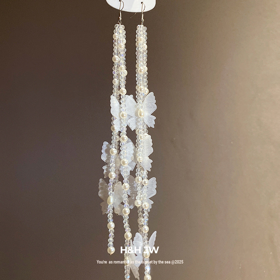 Women's Stringed Pearls Chiffon Butterfly Tassel Fresh Sweet Niche Earrings