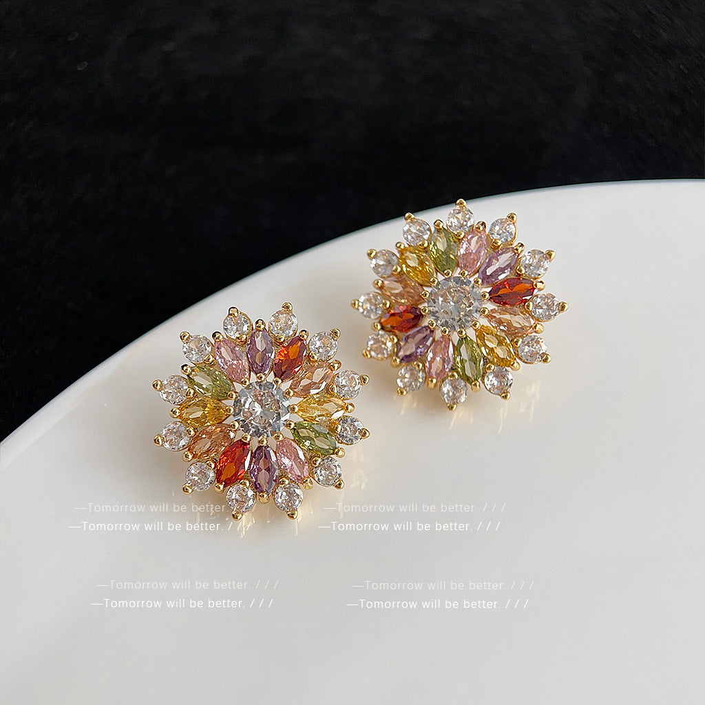 Gold Electroplated Colored Gems Zircon Design Earrings