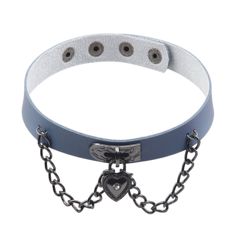 Dark Punk Heart Leather Chain Neck Band Peach Style Collar
