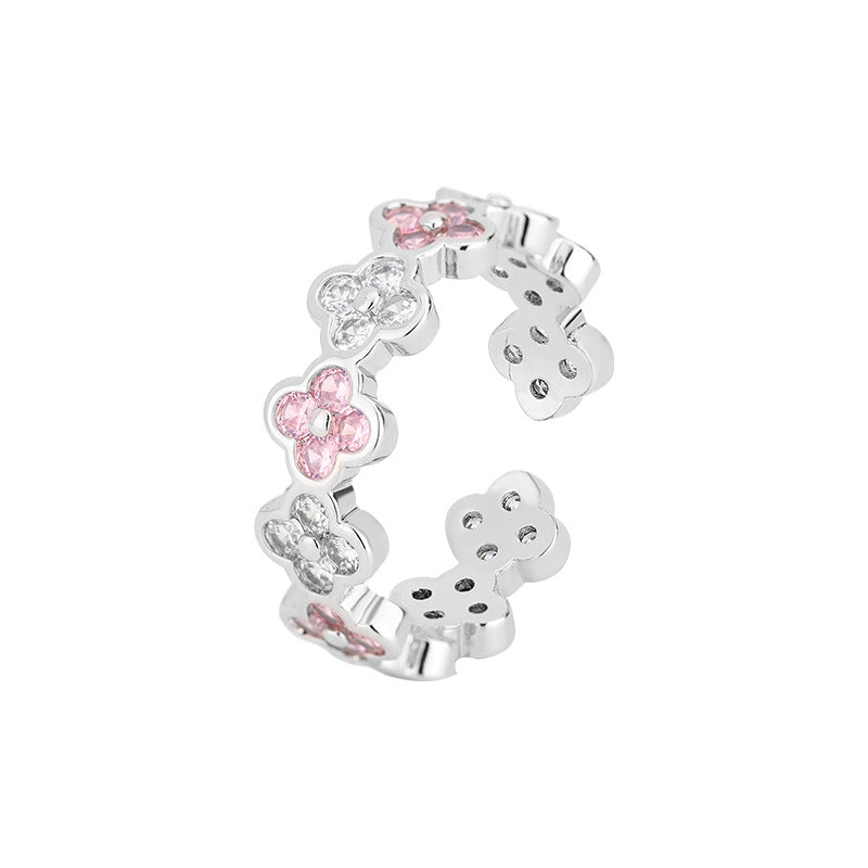 Luxury Copper Inlaid Color Diamond Clover Open Adjustable Elegant Ring